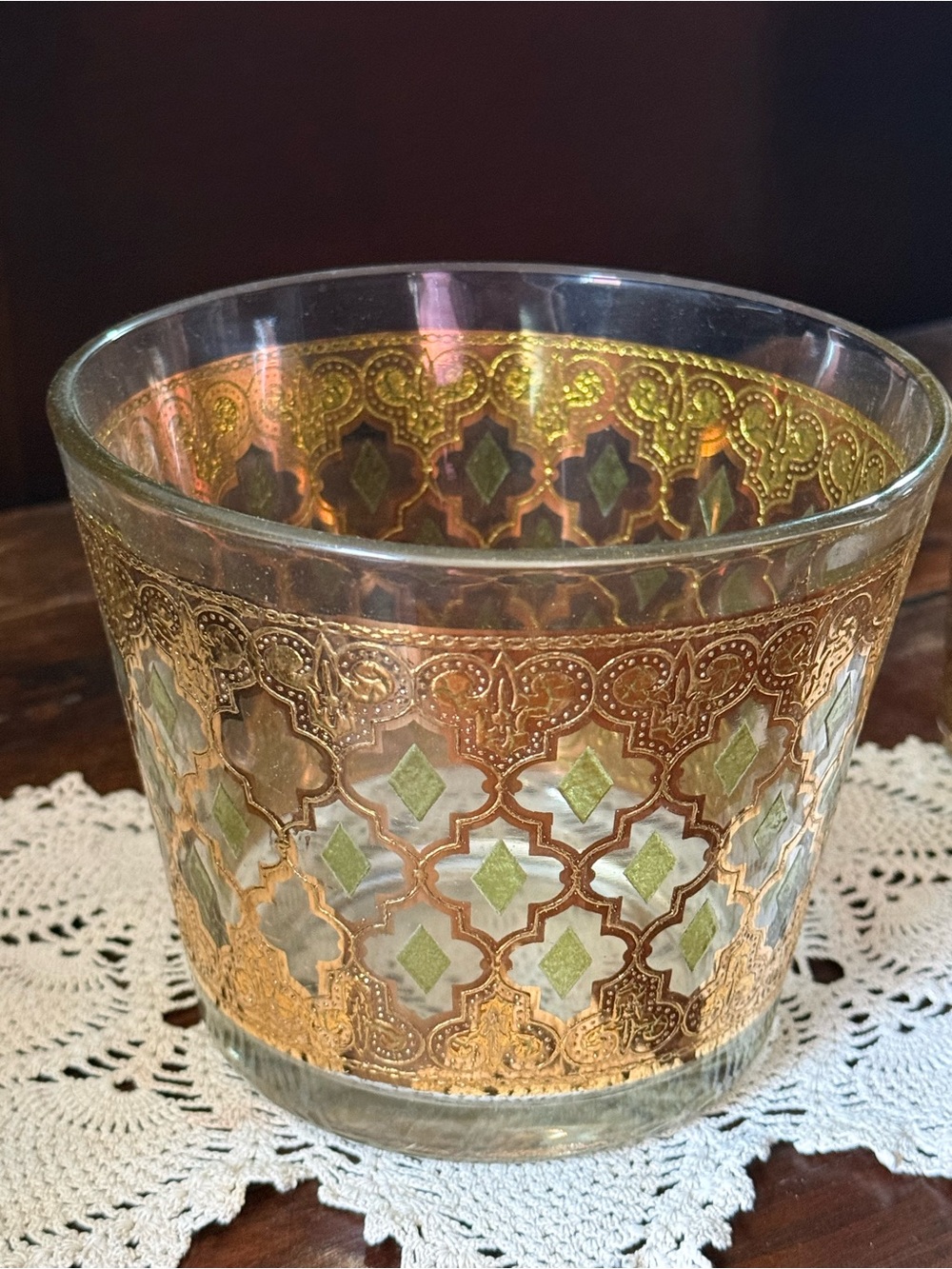 Vintage MCM Culver Valencia pattern Green and Gold Glass Ice Bucket.